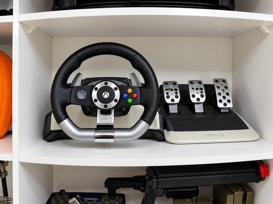 Volante e pedais de videogame na vitrine